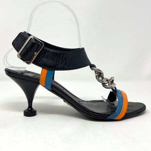 Prada Black Leather Chain-Link Colorblock Sandals – Size 37 - Picture 3 of 8